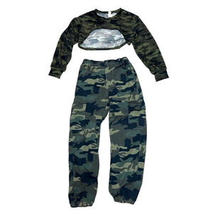 Girls SHEIN Camo Pants Set 11-12Y Green Soldier Camouflage Costume Two Piece Set